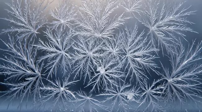 A beautiful closeup view of frost patterns formed on a cold window