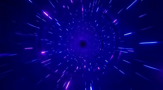 Deep blue abstract wormhole with streaks of glowing purple and cyan lights