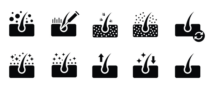 Hair care and loss problem, hair cosmetic silhouette icons set, shampoo dandruff haircut growth and black icons, treatment and hair health concept