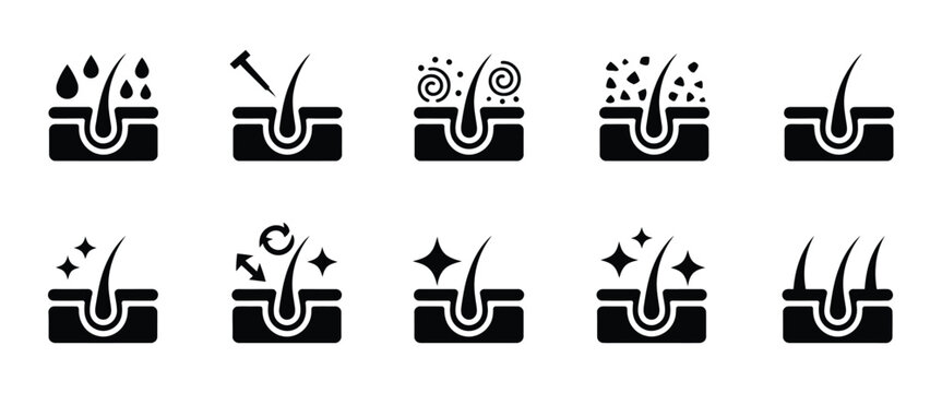 Hair care and loss problem, hair cosmetic silhouette icons showing shampoo, scalp care, hair loss, growth and alopecia treatment symbols, black icon set for dermatology and beauty care