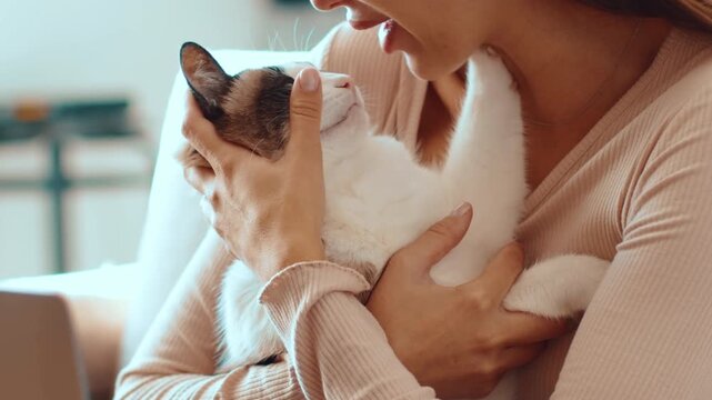 A woman holds a white cat with blue eyes close to her face. They share a warm interaction in a cozy indoor setting filled with natural light.