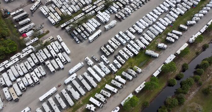 Towable RV trailers for sale at local dealer parking lot in Florida. Purchasing of vacation vehicle concept.