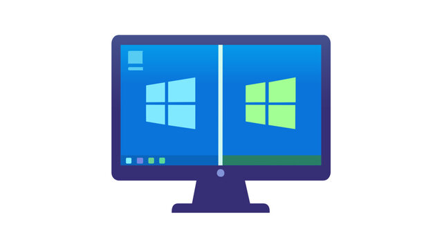 Flat vector icon illustration of a desktop computer monitor with a split screen displaying two different operating systems, symbolizing cloud computing, virtualization, and remote desktop access.