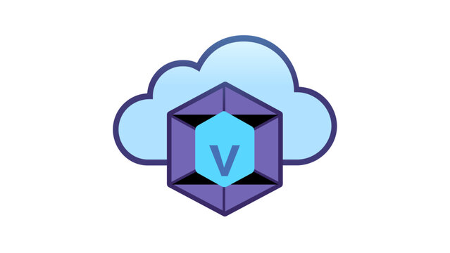 Cloud computing vector icon illustration featuring a stylized blue cloud and a purple hexagonal prism with a 'V' symbol, representing data storage, network services, and modern technology.