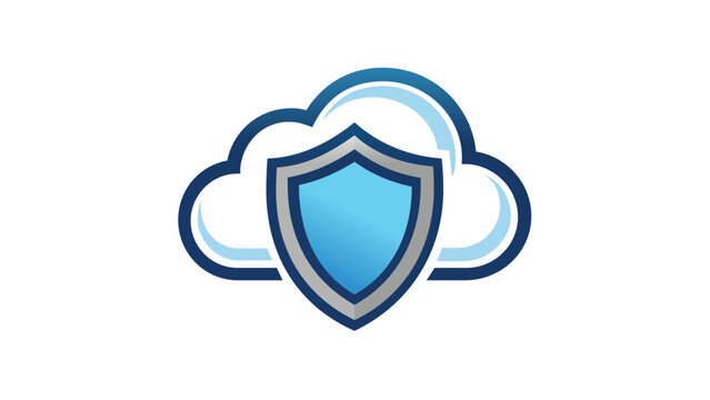 Cloud computing security vector icon illustration featuring a blue protective shield in front of a white cloud, representing data protection, network safety, and secure online storage services.