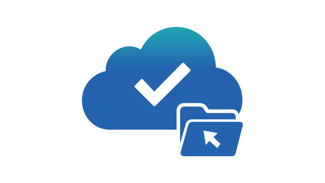 Cloud computing vector icon illustration with blue gradient cloud, checkmark, and folder with cursor arrow, symbolizing successful file upload, data storage, and cloud synchronization services.