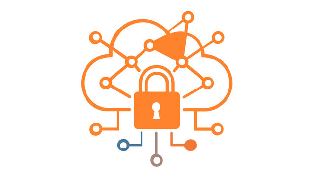 Scalable vector icon illustration of a secure cloud network with a central padlock and interconnected data nodes, featuring a modern blue and orange gradient for cybersecurity and storage.