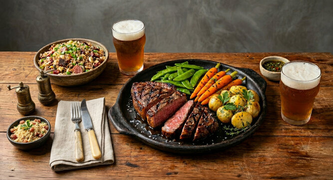 Juicy sliced ​​grilled picanha steak served with biro-biro rice, farofa (toasted cassava flour), and ice-cold beer on a rustic wooden table.