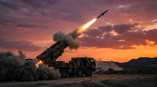 A missile is launched from a vehicle during a military exercise at sunset. The sky is colorful and smoke billows as the missile ascends into the air