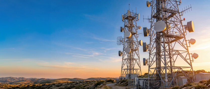 Two tall communication towers stand on a hilltop as the sun sets in the background. The sky shows colors of dusk and mountains are seen far away. The scene shows technology in nature