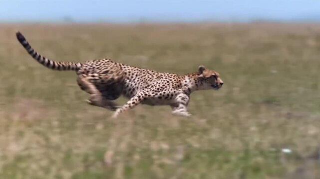 A cheetah runs swiftly across a vast open field in a video showcasing its incredible speed and agility in a natural setting.