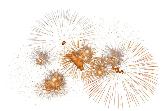 Gold firework display white background celebration explosion set bright sparkle light effect holiday party isolated element