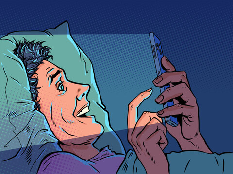 Pop Art Retro A man in bed staring at his phone. Technology and internet addiction. Special offers and promotions for customers.