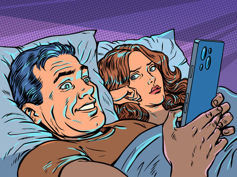 Pop Art Retro A man in bed with his wife looking at his phone. Relationship problems in a married couple. Infidelity and partner addiction.