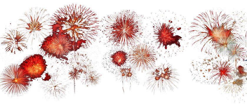 Red firework sequence panorama spark light burst festive celebration show event holiday party glow effect