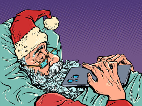 Pop Art Retro Santa Claus sleeps with his phone. New Year's Eve and the anticipation of the holidays. Special offers and promotions for Christmas gifts.