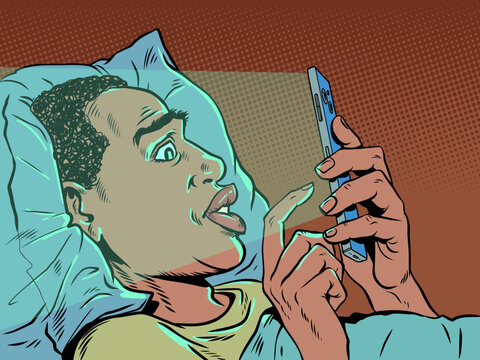 Pop Art Retro A man in bed staring at his phone. Technology and internet addiction. Special offers and promotions for customers.