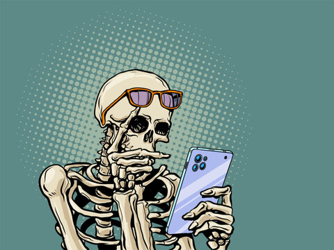 Pop Art Retro Skeleton with glasses using phone. Influence of social networks and media. Halloween invitation funny.