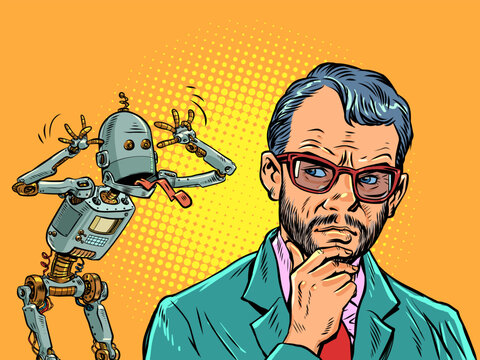Pop Art Retro Conflict between humans and AI. Artificial intelligence teases humans. Competition between employees and machines.