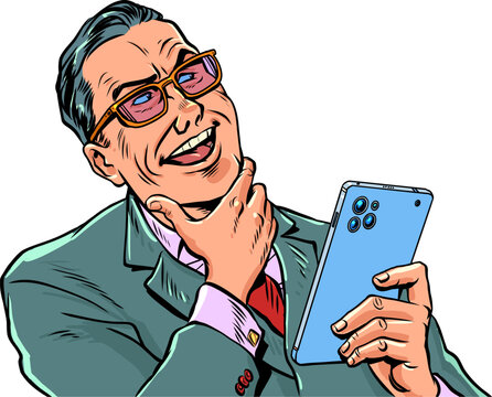 Pop Art Retro Man in suit reacts with evil smile on phone. Business success. Evil boss chief writes message.