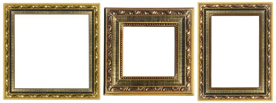 Conjunto de molduras antigas com bordas douradas e brilhantes, lindas pe&ccedil;as decorativas em diferentes formatos