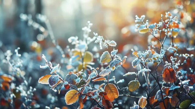 A serene, misty morning in an autumn forest with dew and frost covering the leaves and branches.