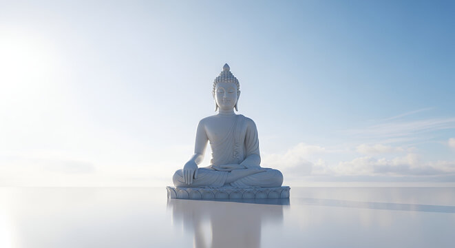 Serene white Buddha statue meditating in tranquil reflective water under a clear blue sky with soft clouds, spiritual enlightenment, inner peace, zen calm, wisdom