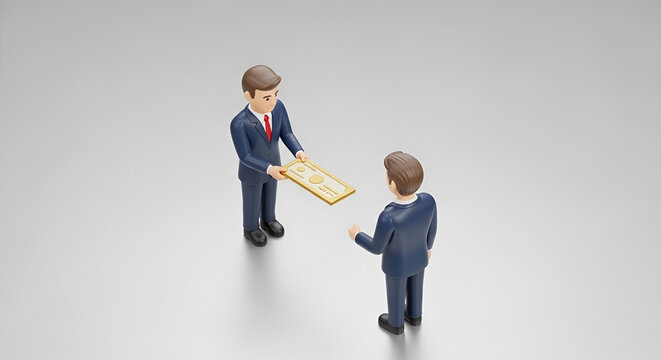 Two businessmen in suits exchanging a document or contract, representing business deal or agreement on a neutral gray background