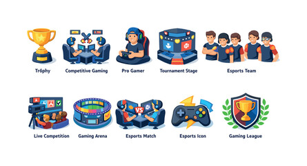 Fototapeta premium Collection of esports and gaming icons representing competition, players, and achievements