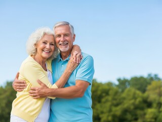 Obraz premium happy senior couple, embracing, outdoors, smiling