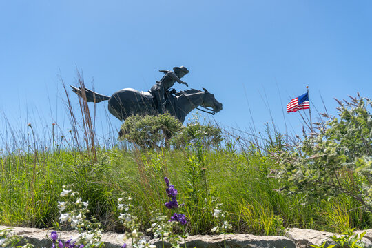 Marysville, Kansas: Pony Express Plaza. Sculpture of the first Pony Express rider, Jack Keetley, carrying mail west from Marysville in 1860. 