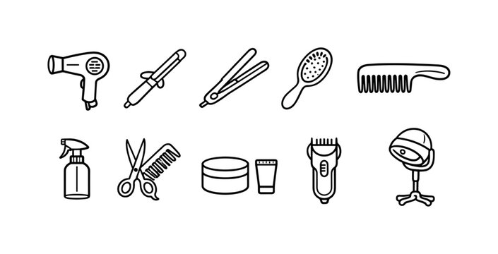 Collection of essential hair salon and barber tools in a clean line art style