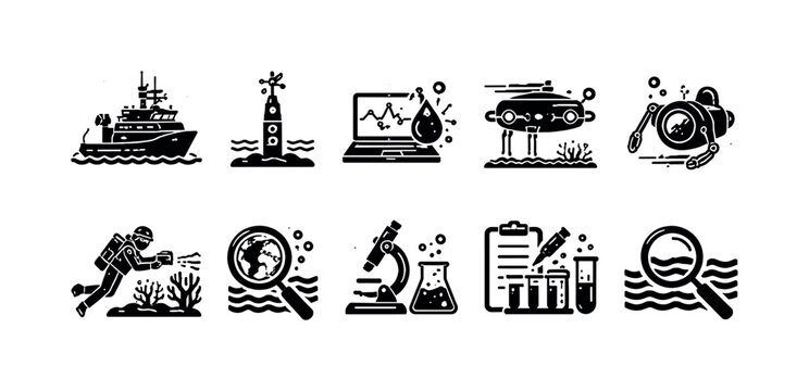 Collection of marine science and oceanography research icons