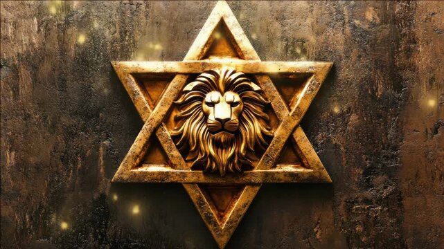 Ancient, ornate Star of David with a lion's face at its center, signifying strength and leadership. A traditional symbol for the Jewish faith.