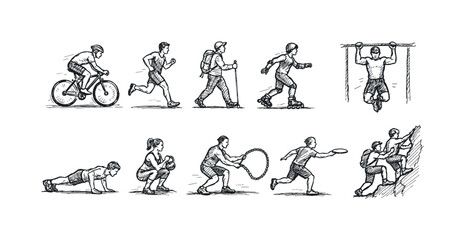 Fototapeta premium Collection of diverse outdoor and indoor fitness activities depicted in a sketch style