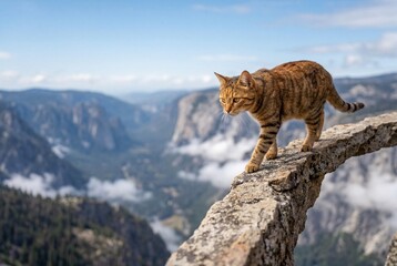 Obraz premium Adventurous tabby cat walking along a narrow stone cliff edge overlooking a majestic mountain valley with clouds and blue sky, brave domestic pet exploring high altitude wilderness landscape