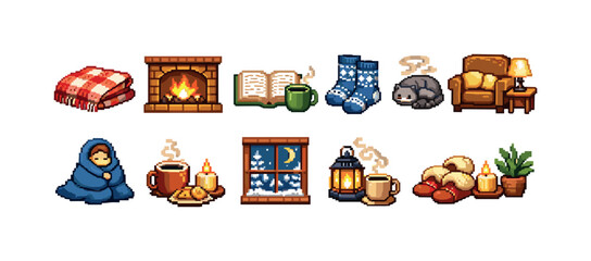Plakat Cozy pixel art icons for winter hygge and warm home comfort