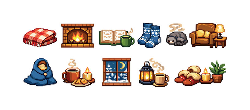 Cozy pixel art icons for winter hygge and warm home comfort