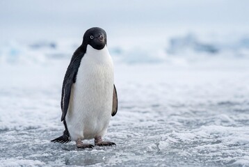 Obraz premium Stunning portrait of an Adelie penguin standing on the frozen ice and snow of Antarctica with a soft bokeh arctic background, beautiful wildlife photography of a flightless bird in nature