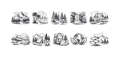 Obraz premium Collection of hand-drawn nature and adventure scenes with mountains, beaches, and camping