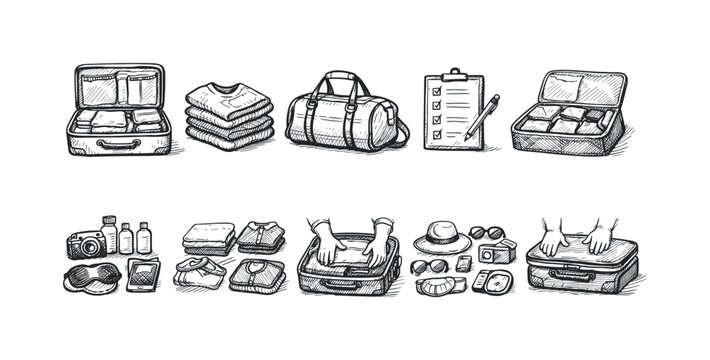 Hand-drawn illustrations of travel essentials and packing activities