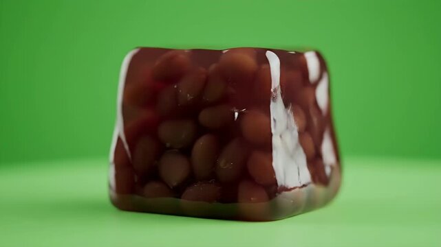 Close Up Macro Food Photography of Traditional Japanese Red Bean Jelly Dessert with White Stripes Against a Bright Green Background and Soft Lighting