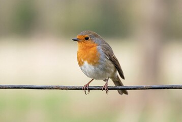 Fototapeta premium Beautiful European robin perched on a wire fence with soft bokeh background, detailed wildlife photography of redbreast bird in nature for garden, spring, and environmental design projects