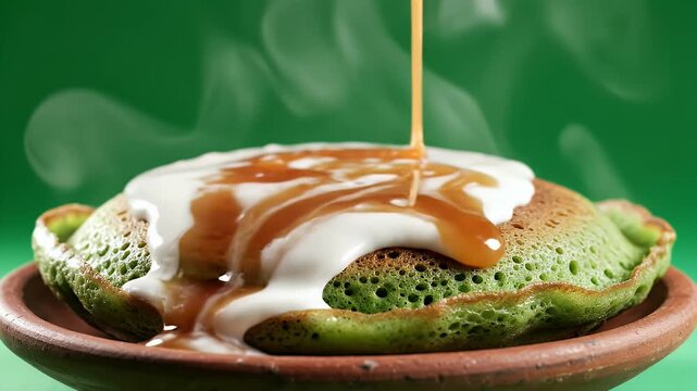 Close Up Of Indonesian Serabi Street Pancake Being Topped With Cream And Caramel Sauce On A Green Background With Steam Rising Cinematic Food Shot