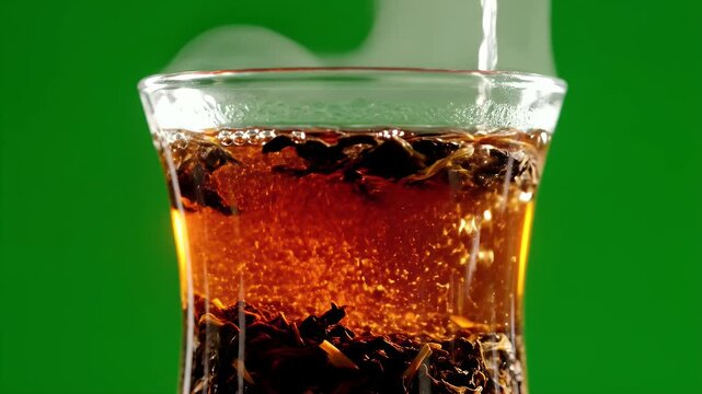 Close Up of Indonesian Teh Tubruk Black Tea Brewing in Glass with Steam Rising Against Green Screen Background Cinematic Food Preparation