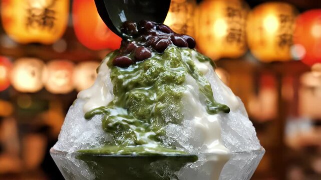 Close up of traditional Japanese kakigori shaved ice dessert preparation with matcha syrup condensed milk and adzuki beans in vibrant lantern-lit street setting
