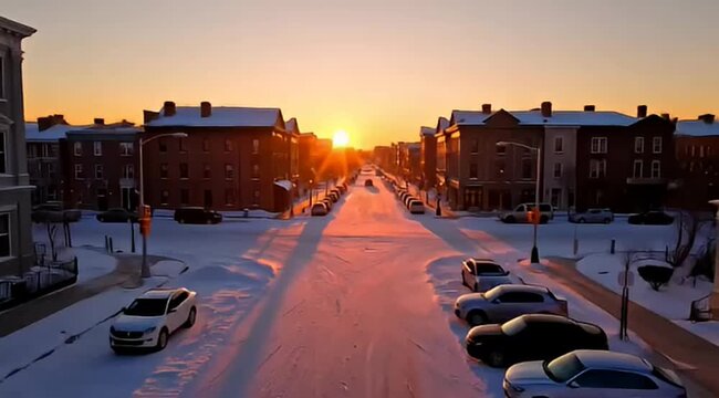 A picturesque winter sunset over a snow covered street in a town
