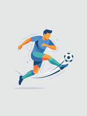 Obraz premium soccer player kicking ball mid-air, flat vector style, faceless, geometric shapes, minimal design