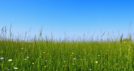 Obraz premium Spring Field with Long Grass, Wild Flowers and clear blue sky. Nature Background with copy space. 