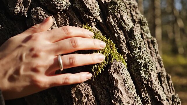 Close-up of a person's hand touching mossy tree bark in a forest